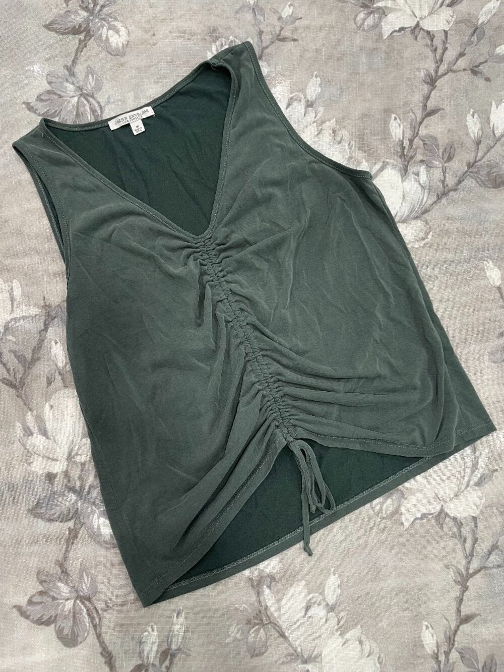 Ruched Front Tie Tank Top Women’s Medium Green Sleeveless Soft Modal Stretch Top